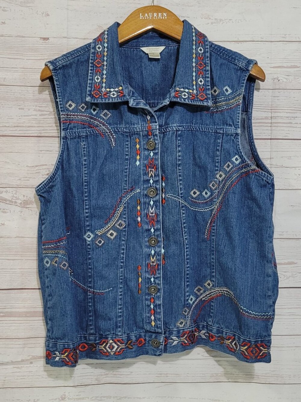 Christopher & Banks Embroidered Denim Vest Womens Large Southwestern 100% Cotton